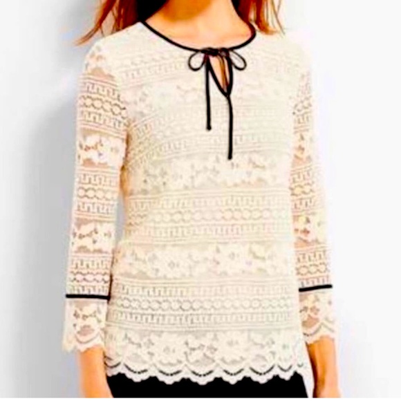 Talbots Cream Lace w/black velvet trim 1X - Picture 2 of 7